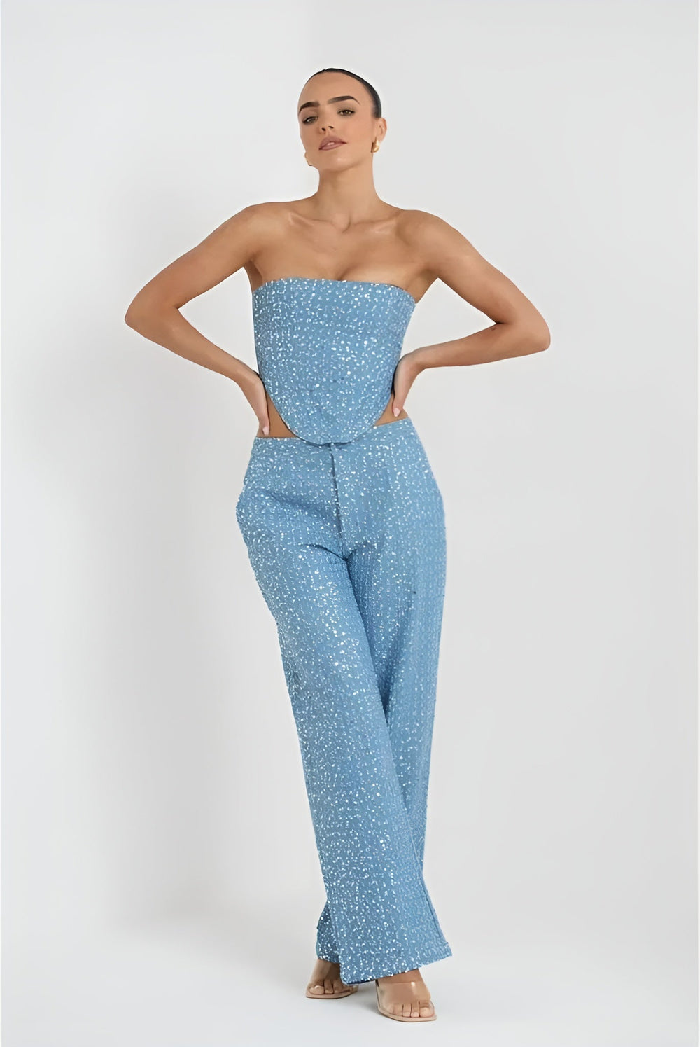 Juzelle Glitter Set voor dames | Denim co-ord met glitters en elegante pasvorm