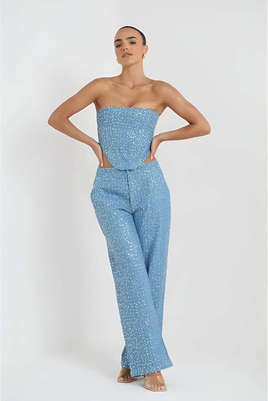 Juzelle Glitter Set voor dames | Denim co-ord met glitters en elegante pasvorm