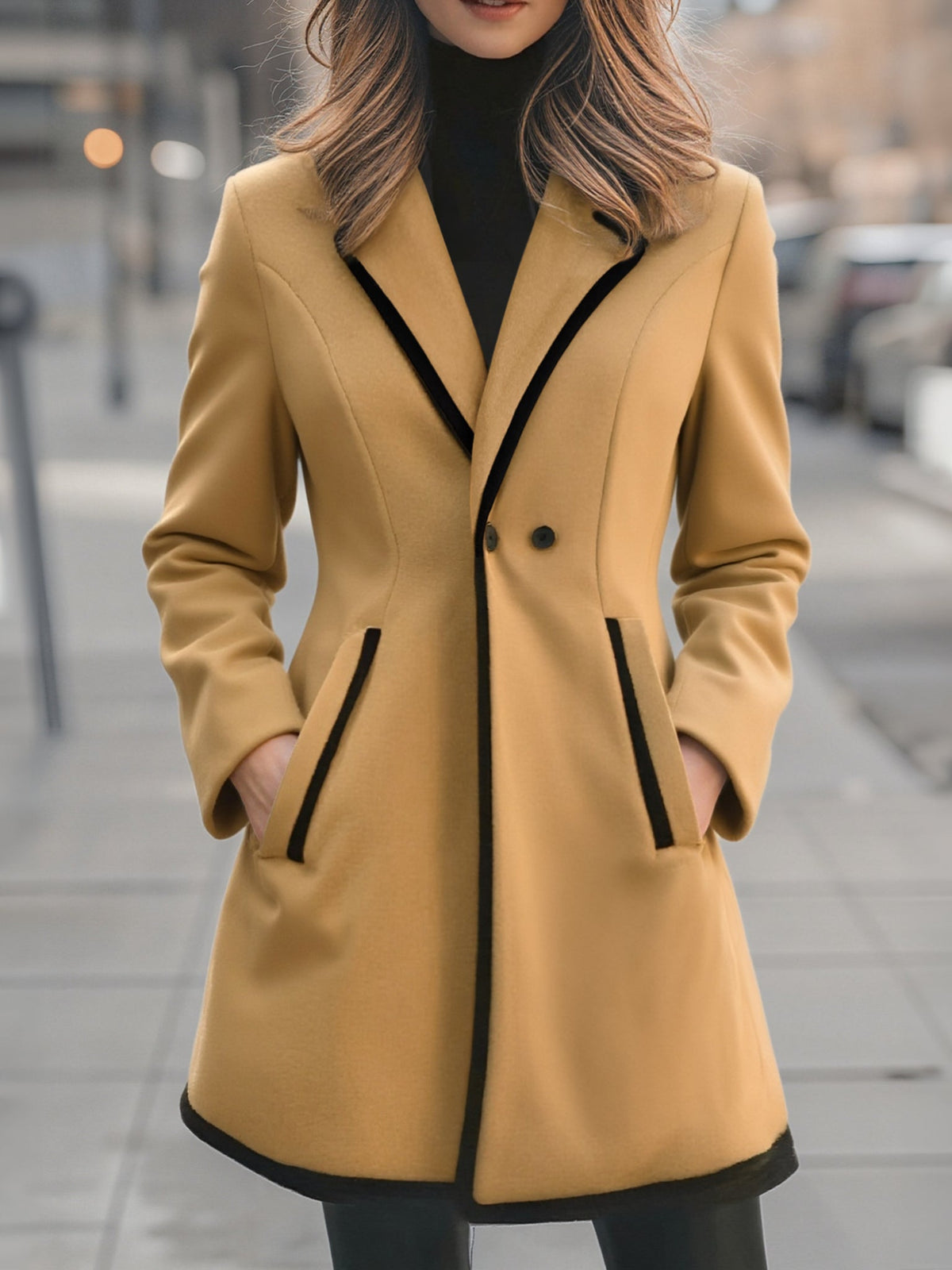 Dames Lange Manteljas – Winterjas met Zwarte Details, Lang Model voor Herfst en Winter