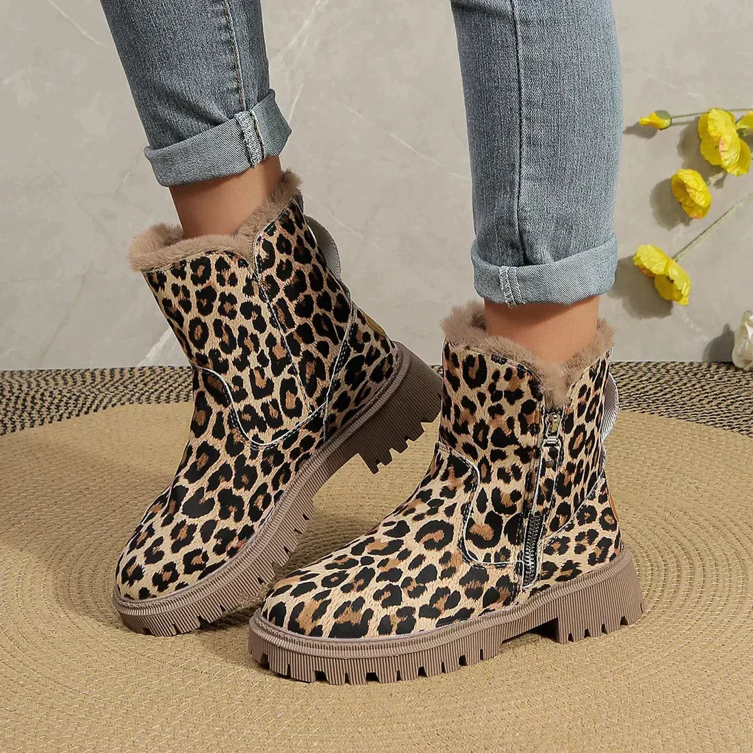 Platform Laarzen Dames | Warme Laarzen met Luipaardprint en Pluche Voering