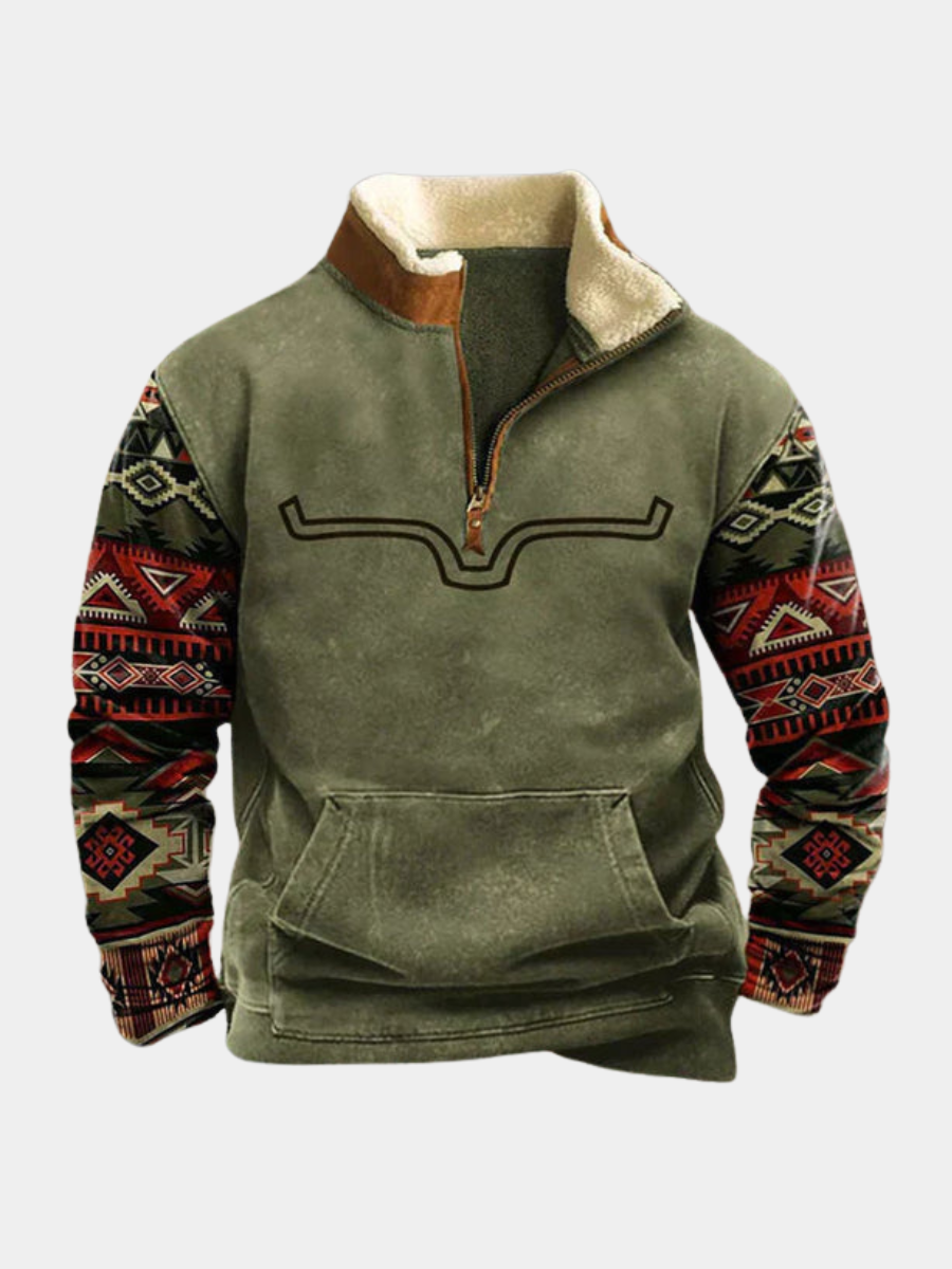 Heren Sweater Halve Rits met Aztec Print Mouwen - Gevoerde Pullover