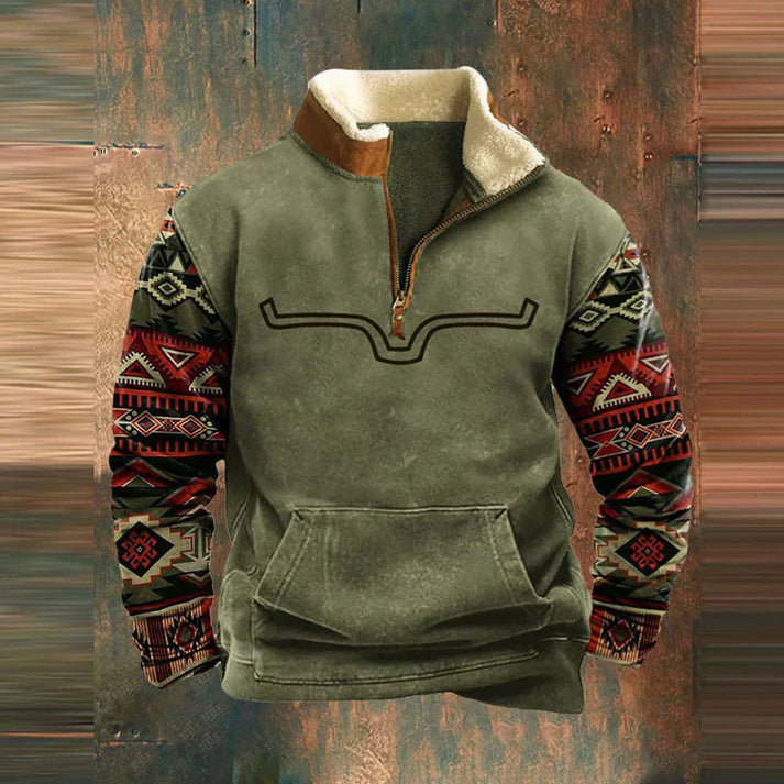 Heren Sweater Halve Rits met Aztec Print Mouwen - Gevoerde Pullover
