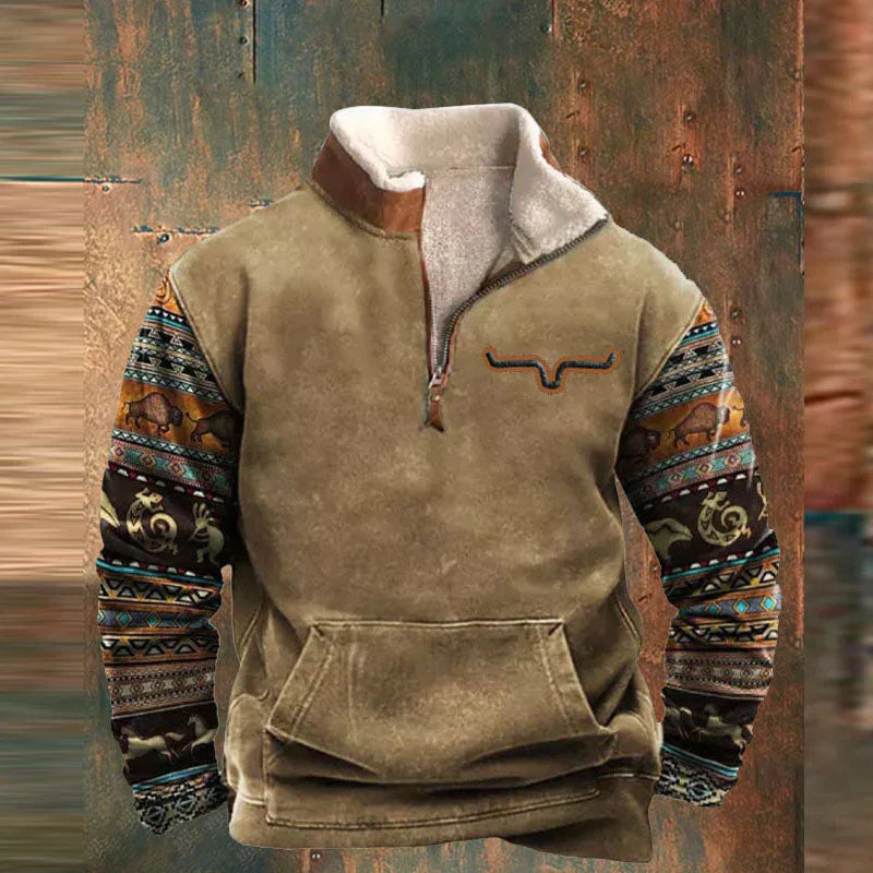 Heren Sweater Halve Rits met Aztec Print Mouwen - Gevoerde Pullover