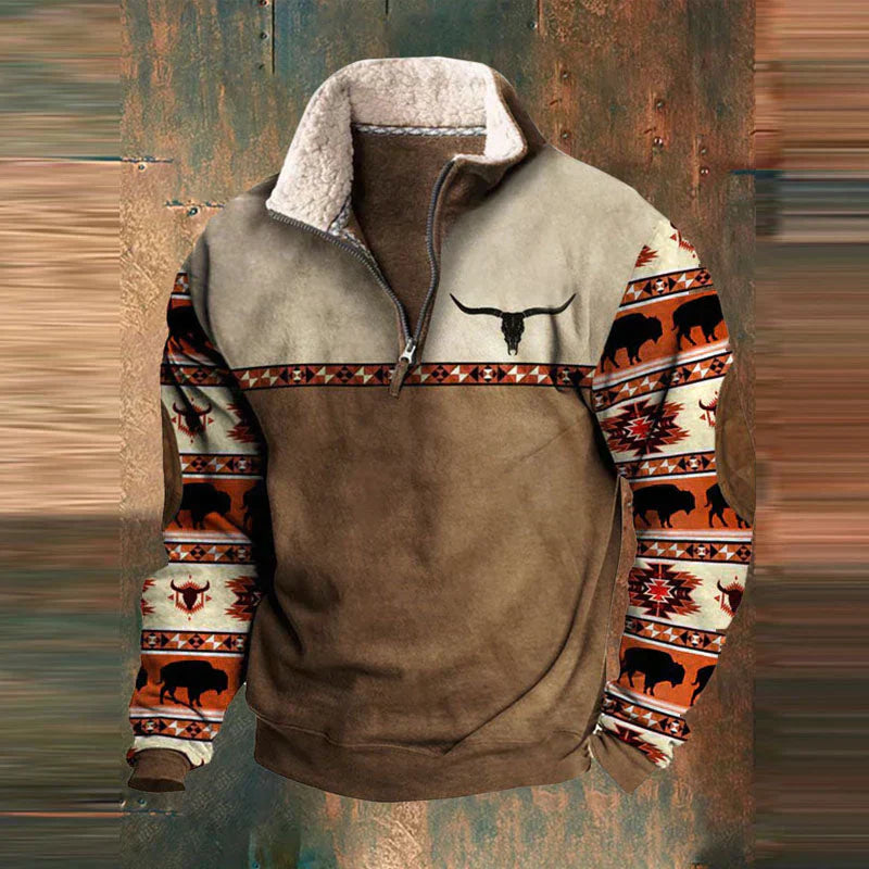 Heren Sweater Halve Rits met Aztec Print Mouwen - Gevoerde Pullover