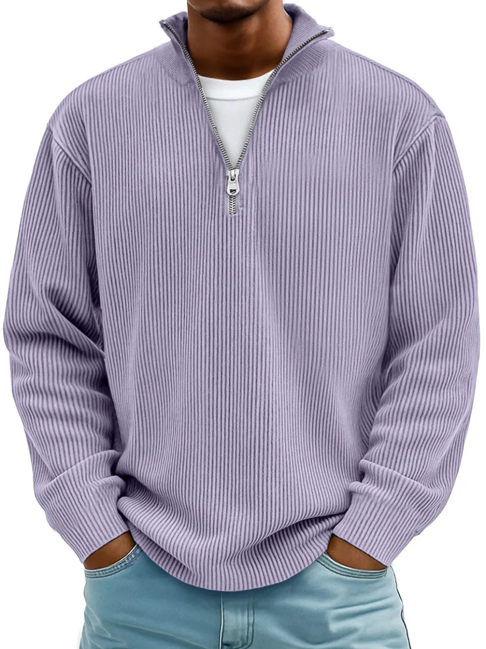 Heren Trui met Halve Rits en Ribstructuur - Gebreide Pullover