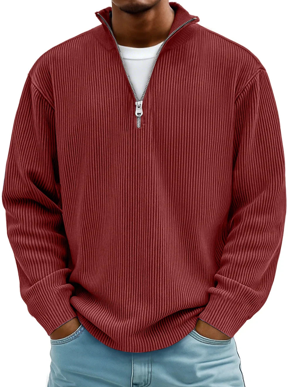 Heren Trui met Halve Rits en Ribstructuur - Gebreide Pullover