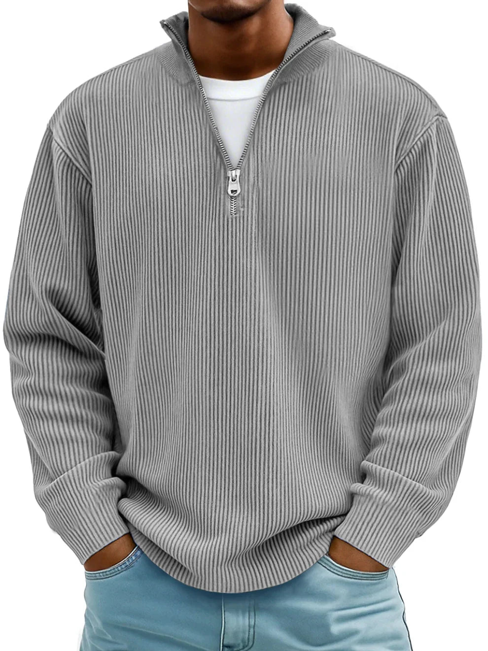 Heren Trui met Halve Rits en Ribstructuur - Gebreide Pullover
