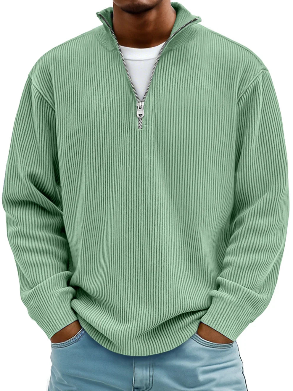 Heren Trui met Halve Rits en Ribstructuur - Gebreide Pullover