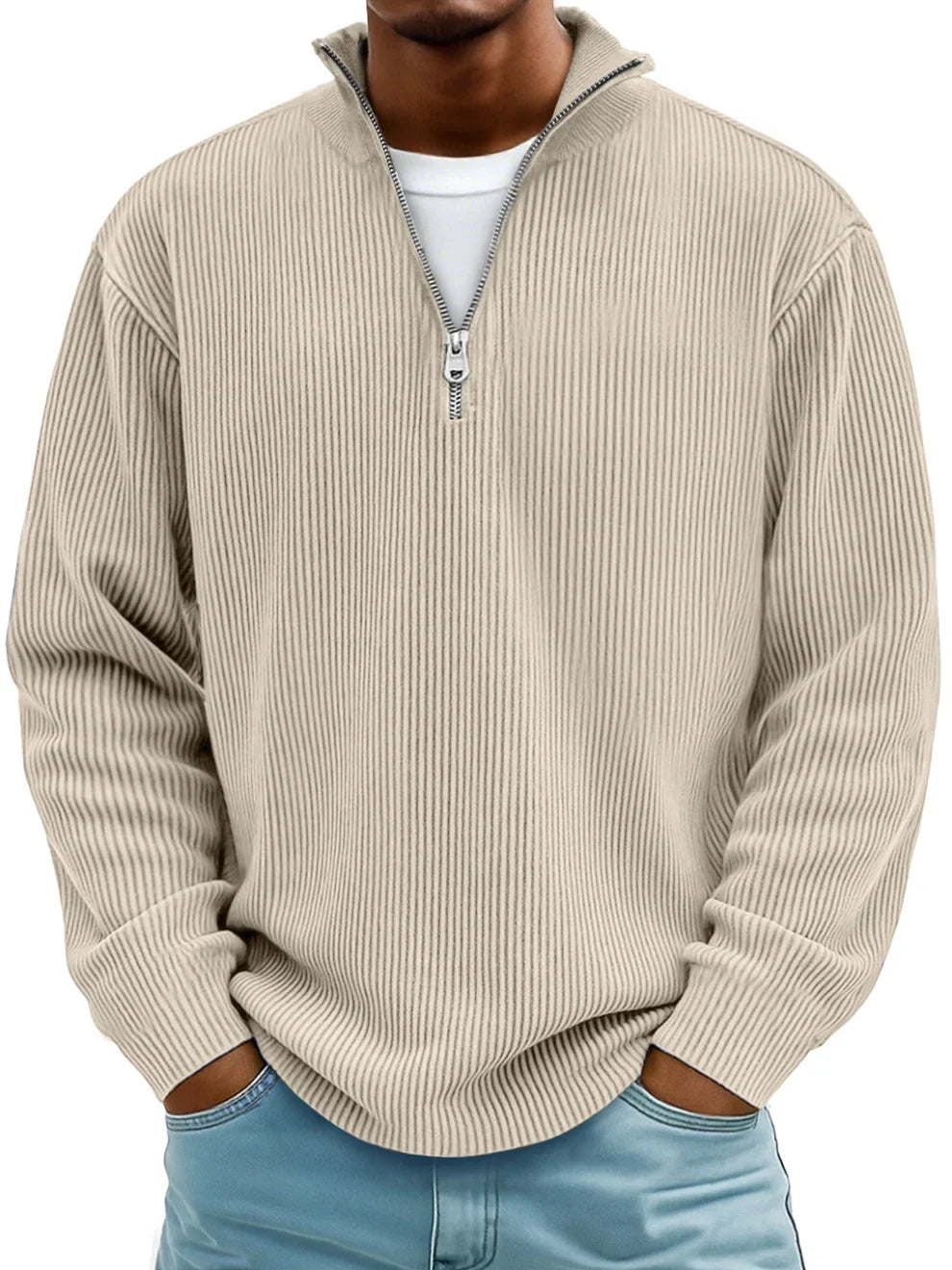 Heren Trui met Halve Rits en Ribstructuur - Gebreide Pullover