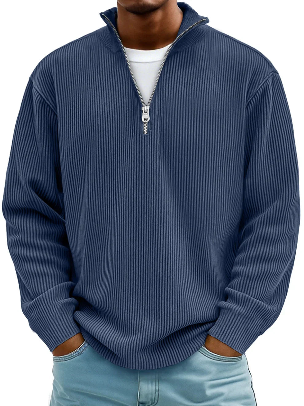 Heren Trui met Halve Rits en Ribstructuur - Gebreide Pullover