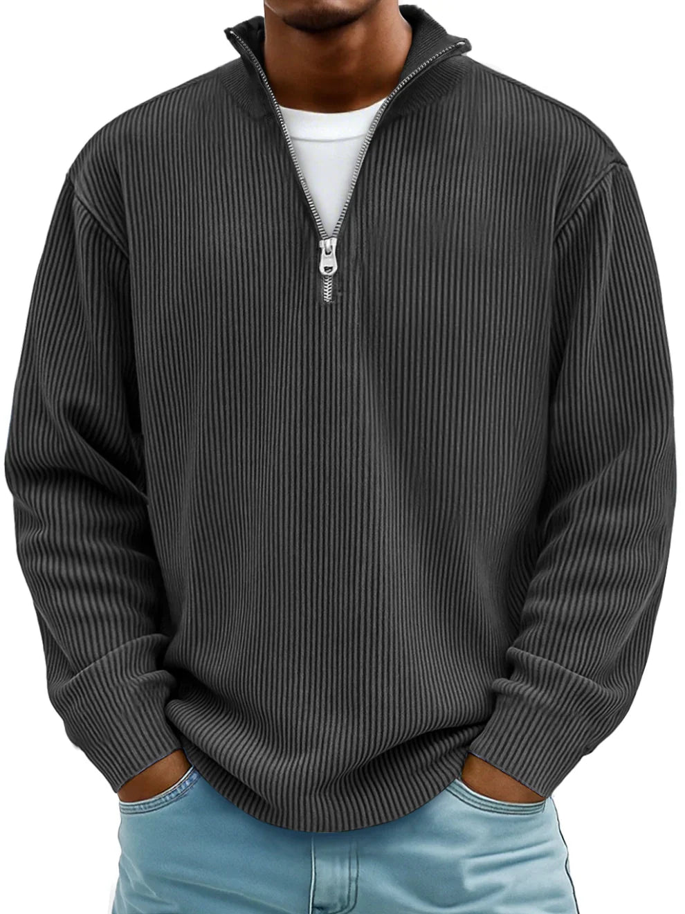 Heren Trui met Halve Rits en Ribstructuur - Gebreide Pullover