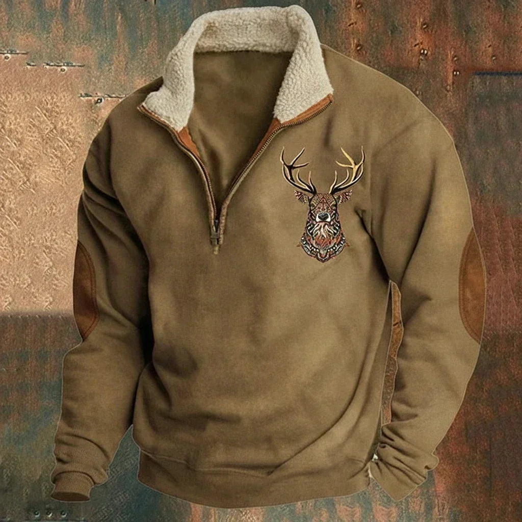 Heren Half-Zip Sweater met Fleecekraag en Hertenborduursel
