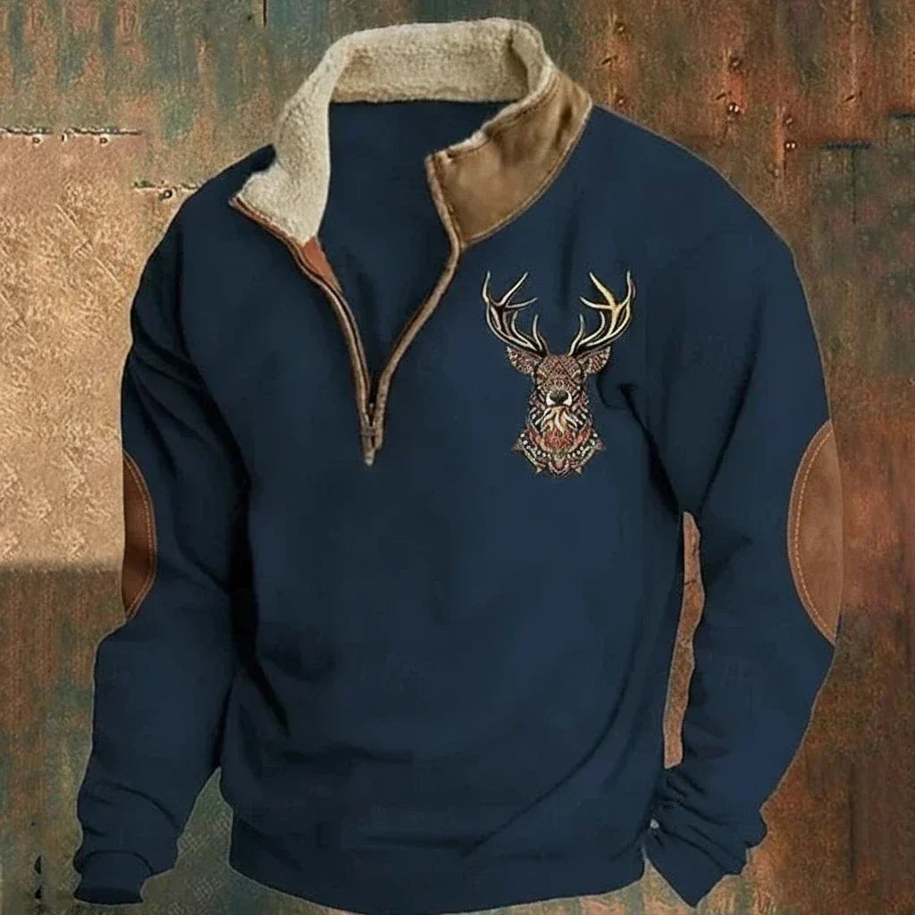 Heren Half-Zip Sweater met Fleecekraag en Hertenborduursel