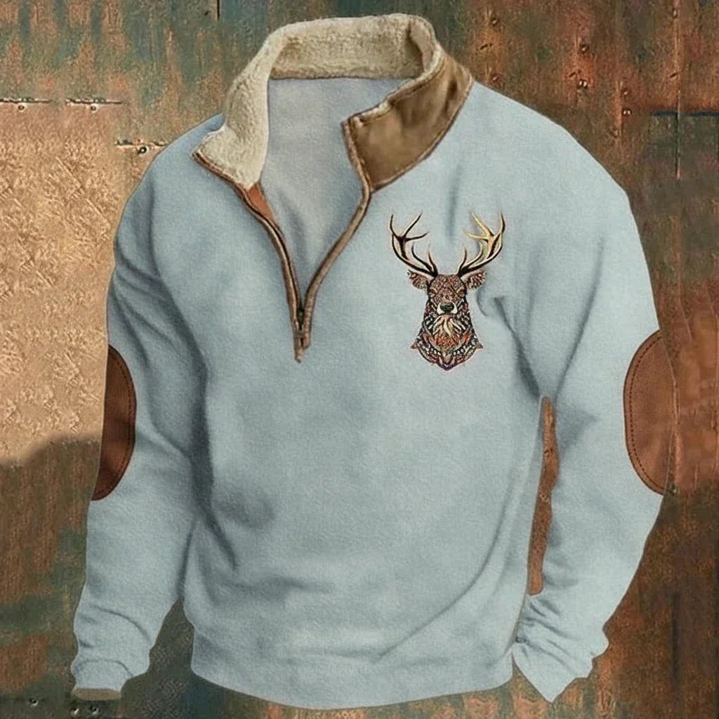 Heren Half-Zip Sweater met Fleecekraag en Hertenborduursel