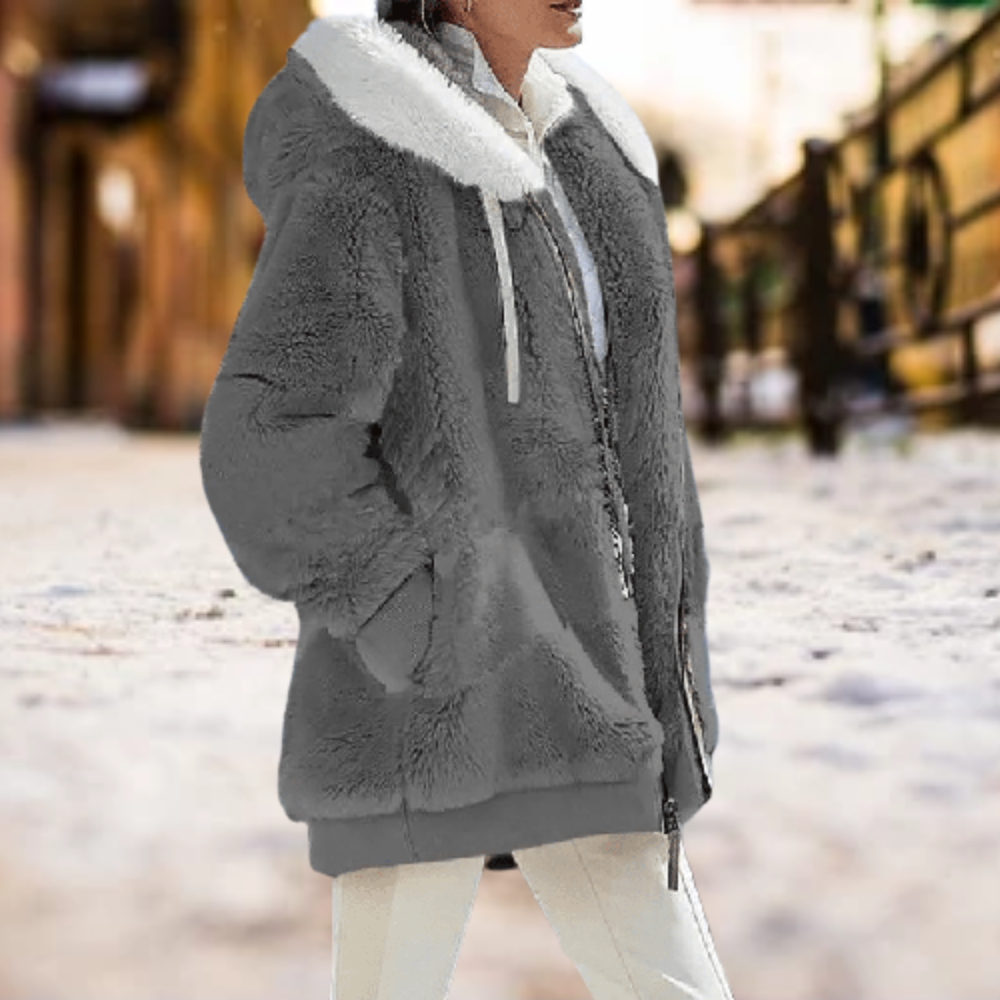 Leslie hoodie jas dames | Warme pluche jas met rits en kap voor herfst en winter