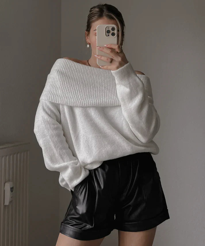 Basia off-shoulder trui dames | Witte fluffy trui met luxe comfort