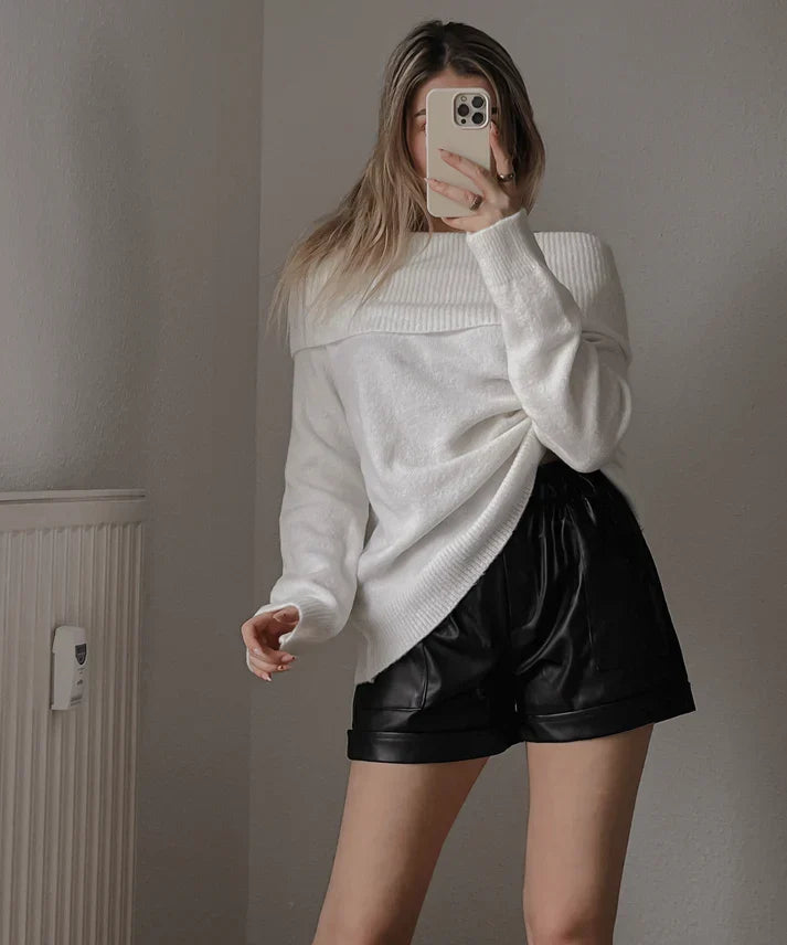 Basia off-shoulder trui dames | Witte fluffy trui met luxe comfort