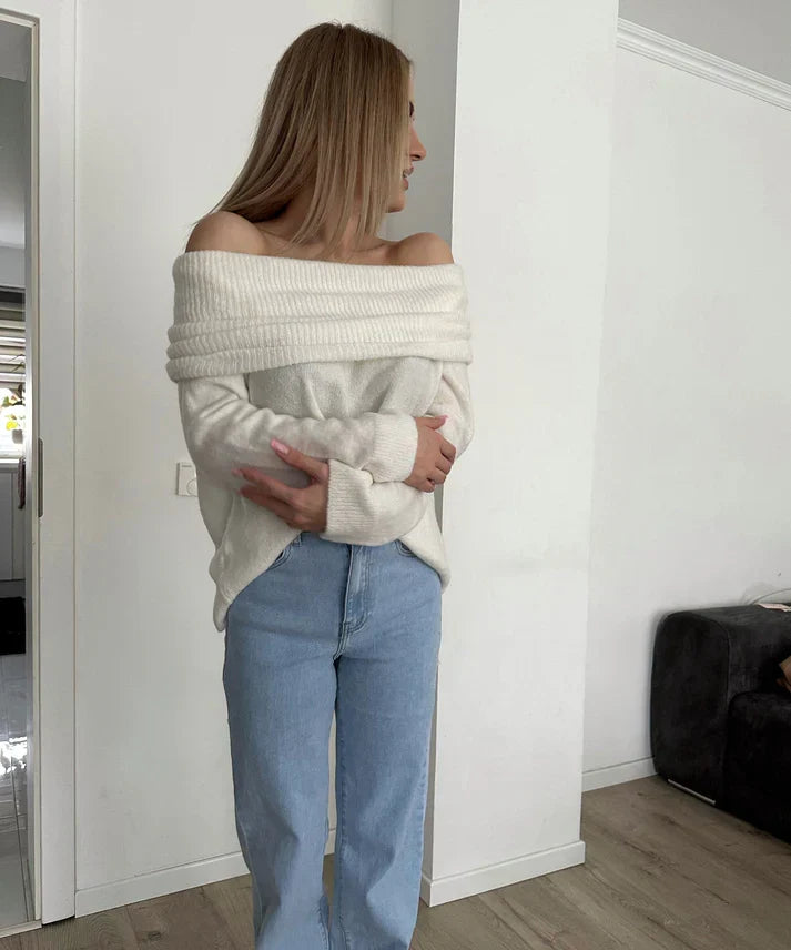 Basia off-shoulder trui dames | Witte fluffy trui met luxe comfort