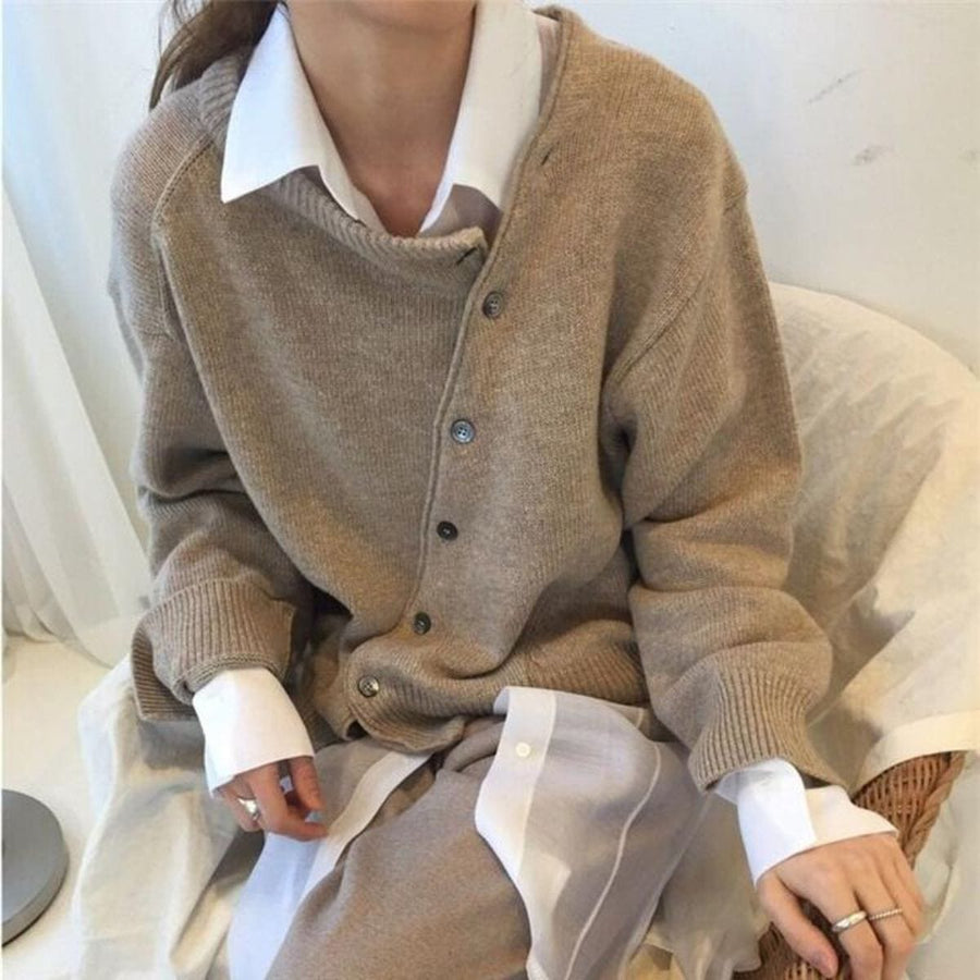 Dames Cardigan Oversized Gebreid met Asymmetrische Knoopsluiting