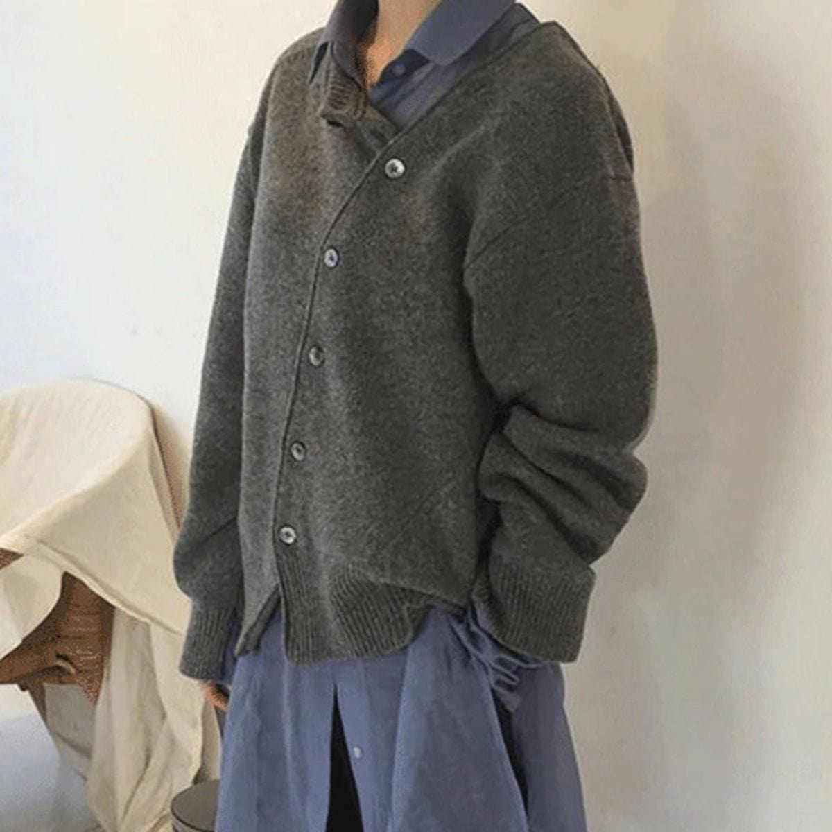 Dames Cardigan Oversized Gebreid met Asymmetrische Knoopsluiting