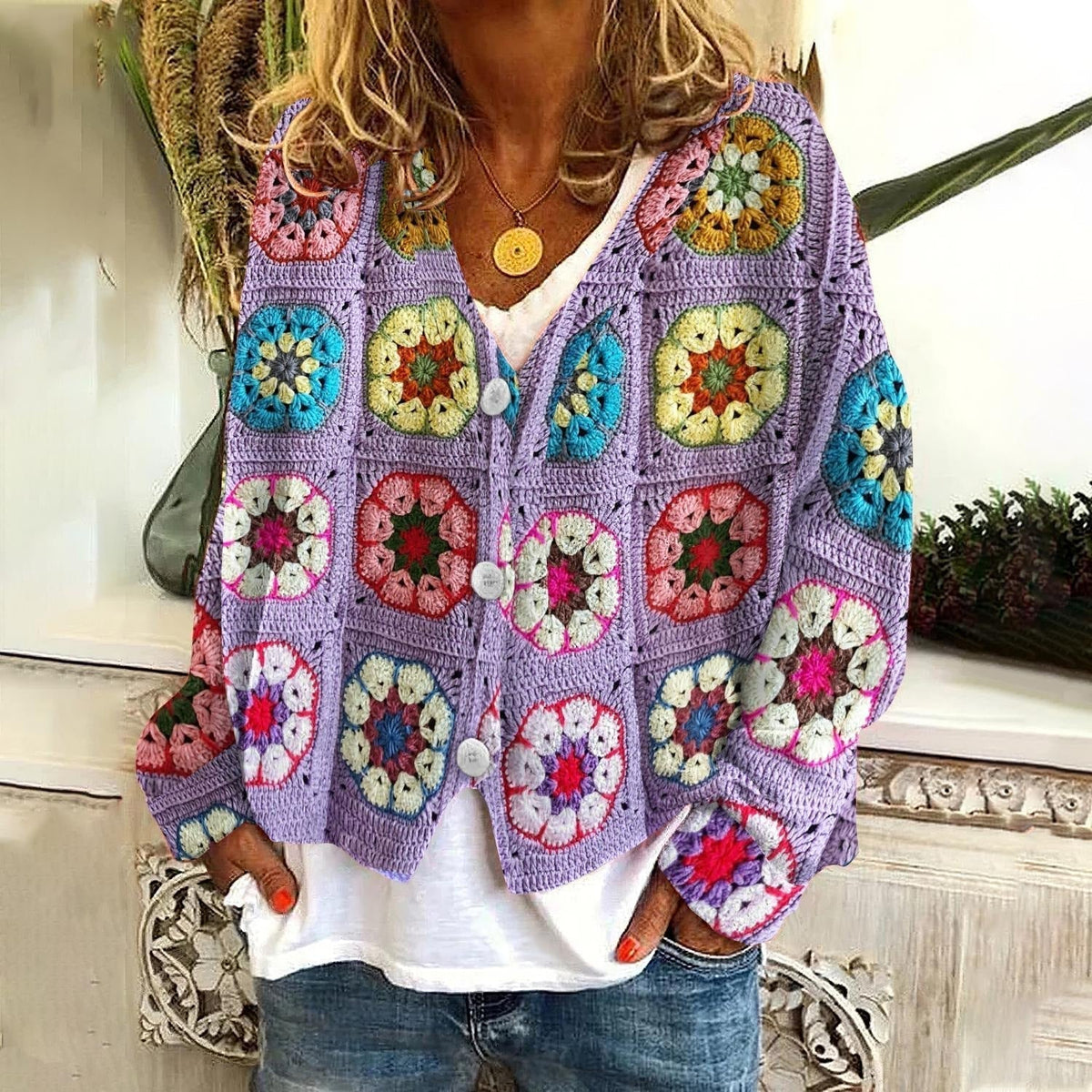 Dames Vest Boho Print met Knopen en V-Hals