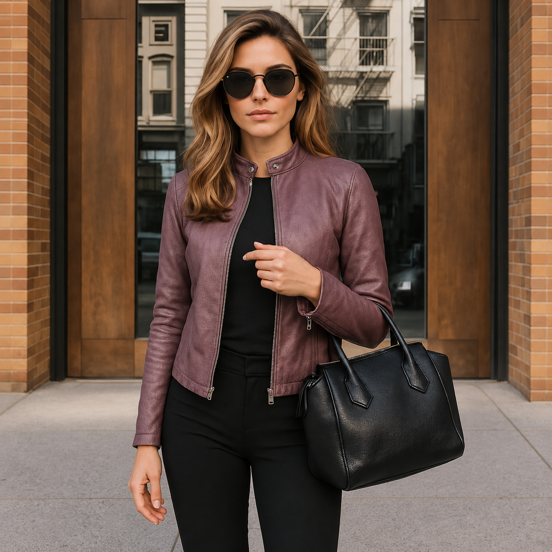Dames Leren Jas Slim Fit met Rits en Opstaande Kraag