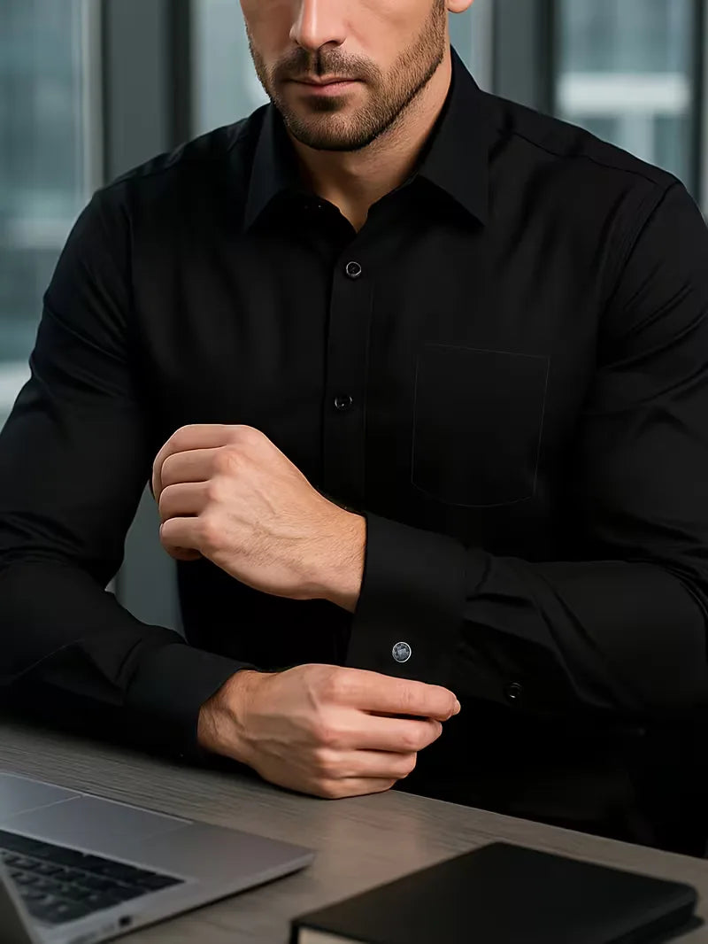 Heren Overhemd met Opstaande Kraag - Lange Mouw Zakelijk Shirt