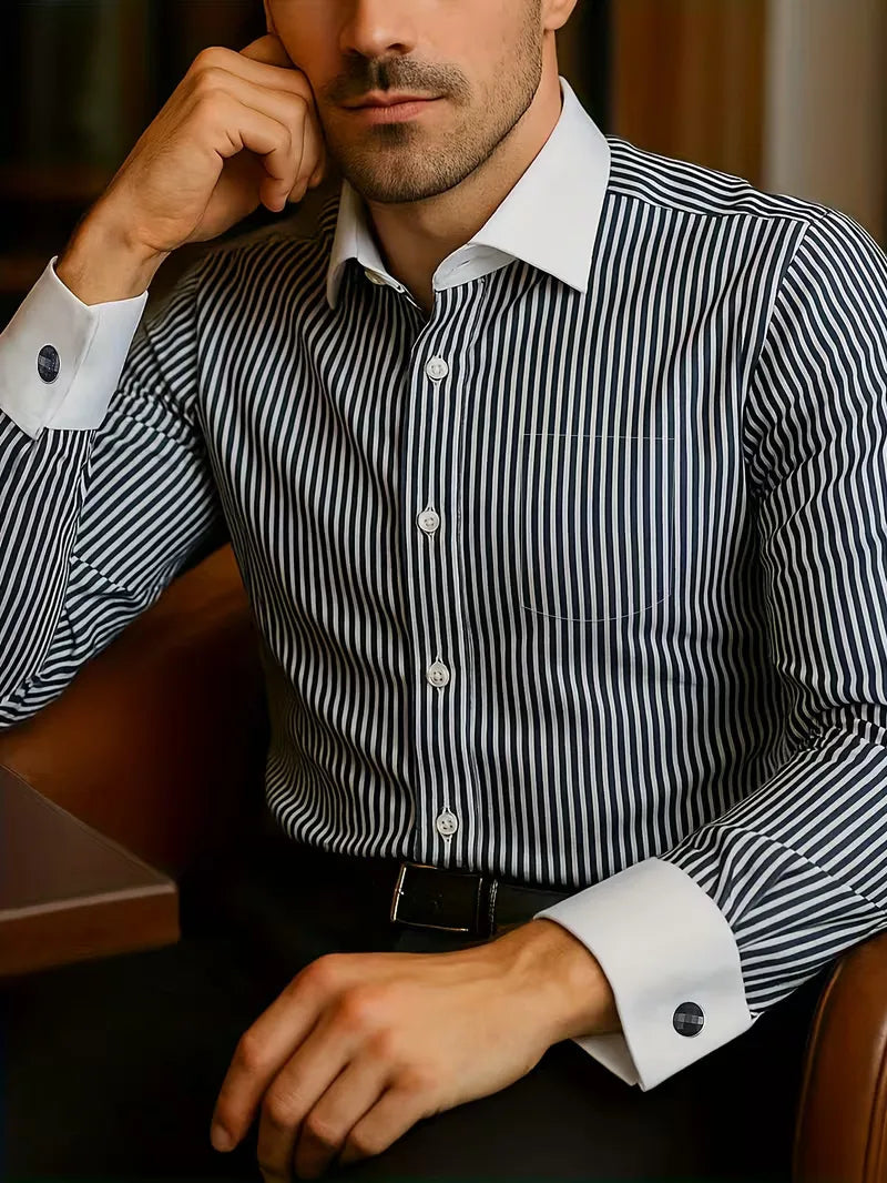 Heren Overhemd met Opstaande Kraag - Lange Mouw Zakelijk Shirt