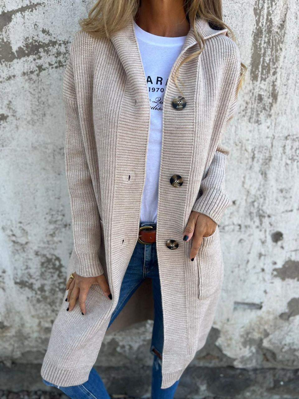 Dames Lang Gebreid Vest met Capuchon en Knoopsluiting