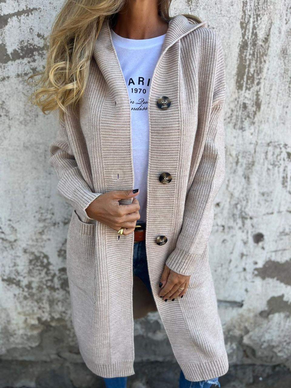 Dames Lang Gebreid Vest met Capuchon en Knoopsluiting