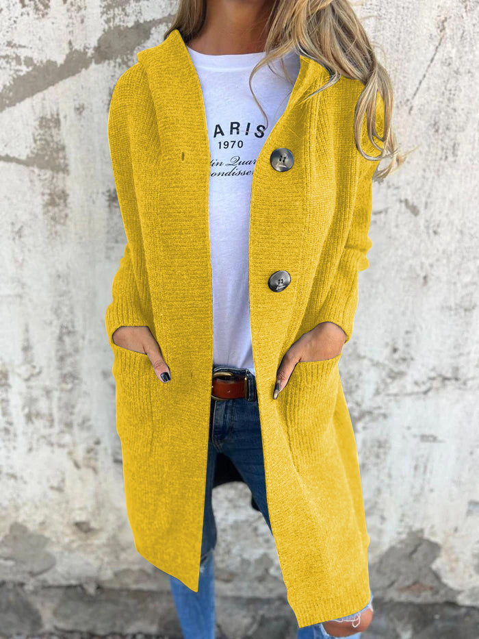 Dames Lang Gebreid Vest met Capuchon en Knoopsluiting