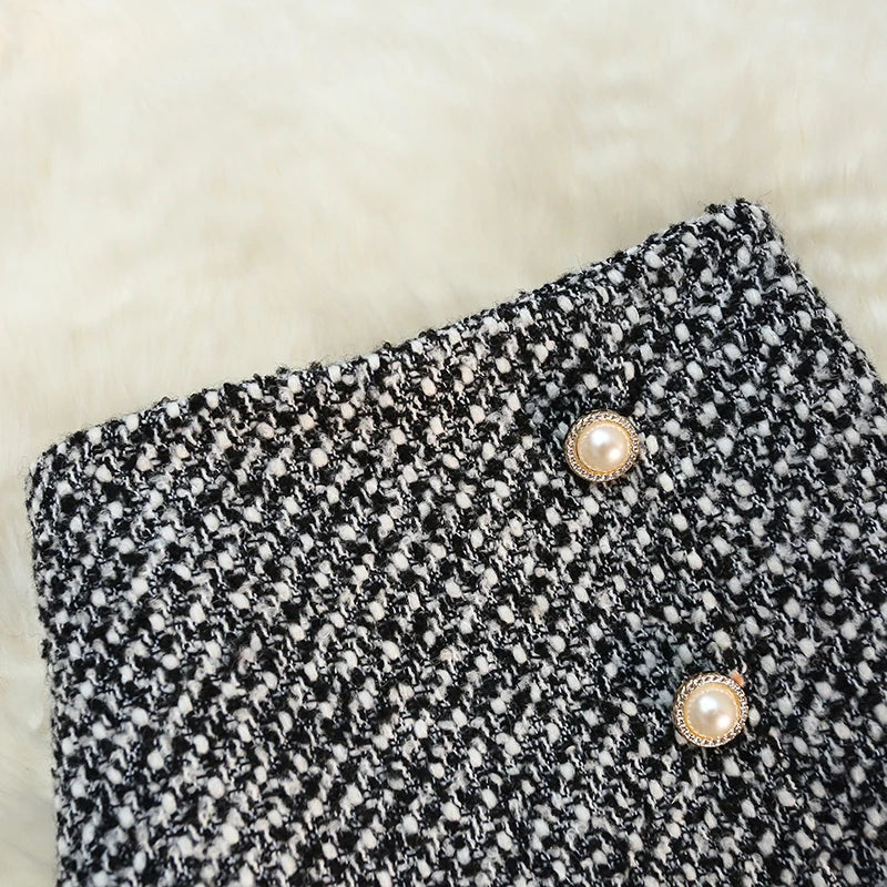 Donkergrijze Tweed Rok Dames | Hoog Getailleerde Rok met Elegante Pasvorm