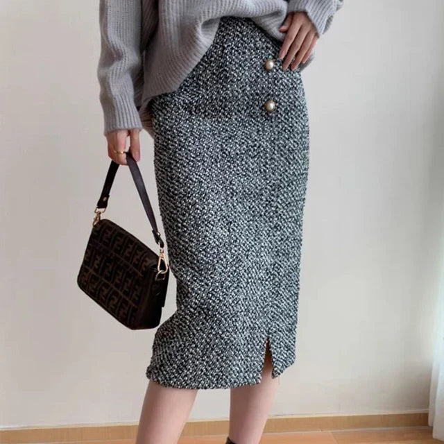 Donkergrijze Tweed Rok Dames | Hoog Getailleerde Rok met Elegante Pasvorm