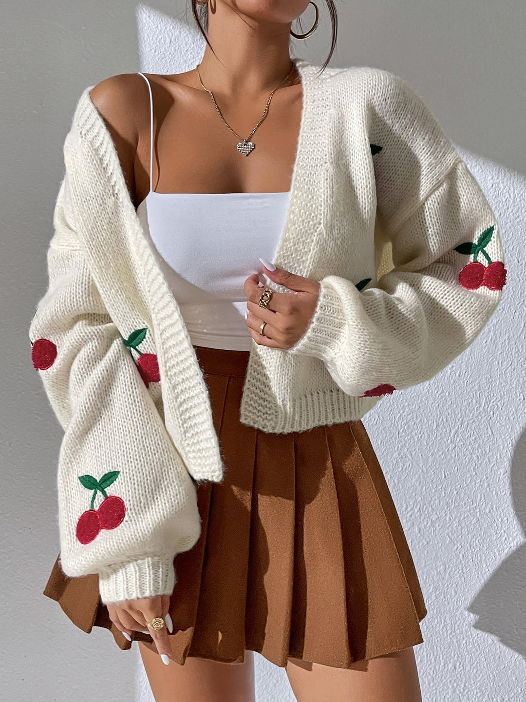 Dames Cardigan van Merinowol en Kasjmier met Speelse Kersenprint voor Zomeravonden