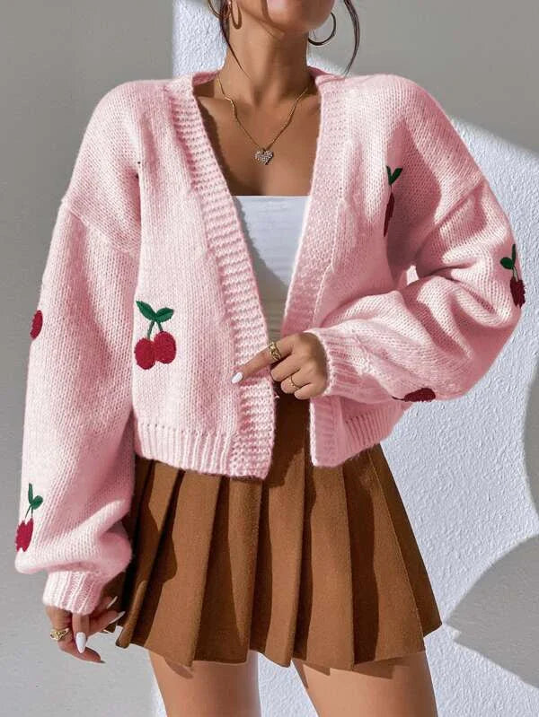 Dames Cardigan van Merinowol en Kasjmier met Speelse Kersenprint voor Zomeravonden