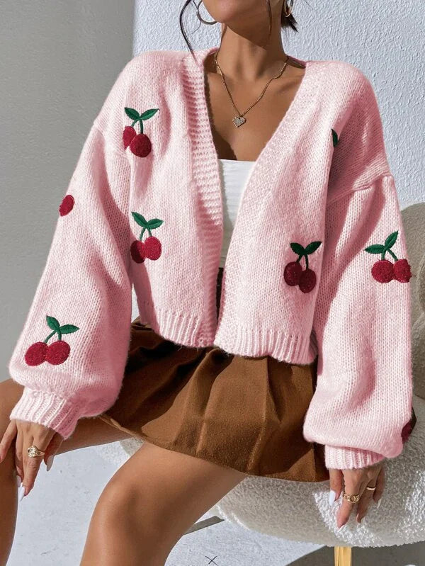 Dames Cardigan van Merinowol en Kasjmier met Speelse Kersenprint voor Zomeravonden