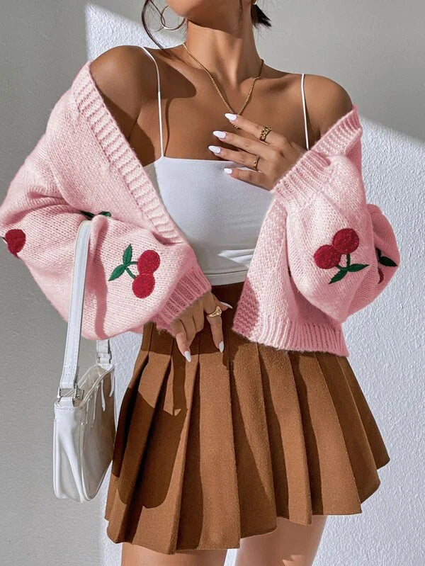 Dames Cardigan van Merinowol en Kasjmier met Speelse Kersenprint voor Zomeravonden