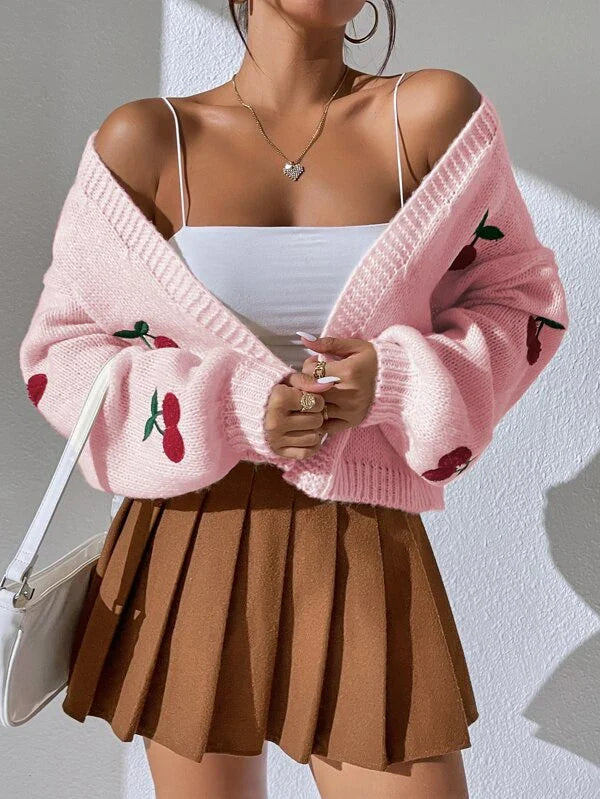 Dames Cardigan van Merinowol en Kasjmier met Speelse Kersenprint voor Zomeravonden
