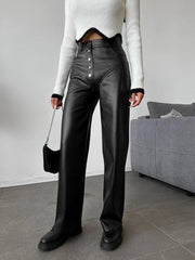 Nikka PU Leren Broek | Dames mid-waist broek met knopen en zakken