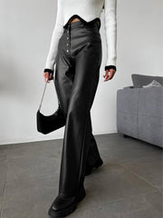Nikka PU Leren Broek | Dames mid-waist broek met knopen en zakken