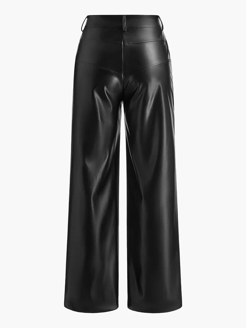 Nikka PU Leren Broek | Dames mid-waist broek met knopen en zakken