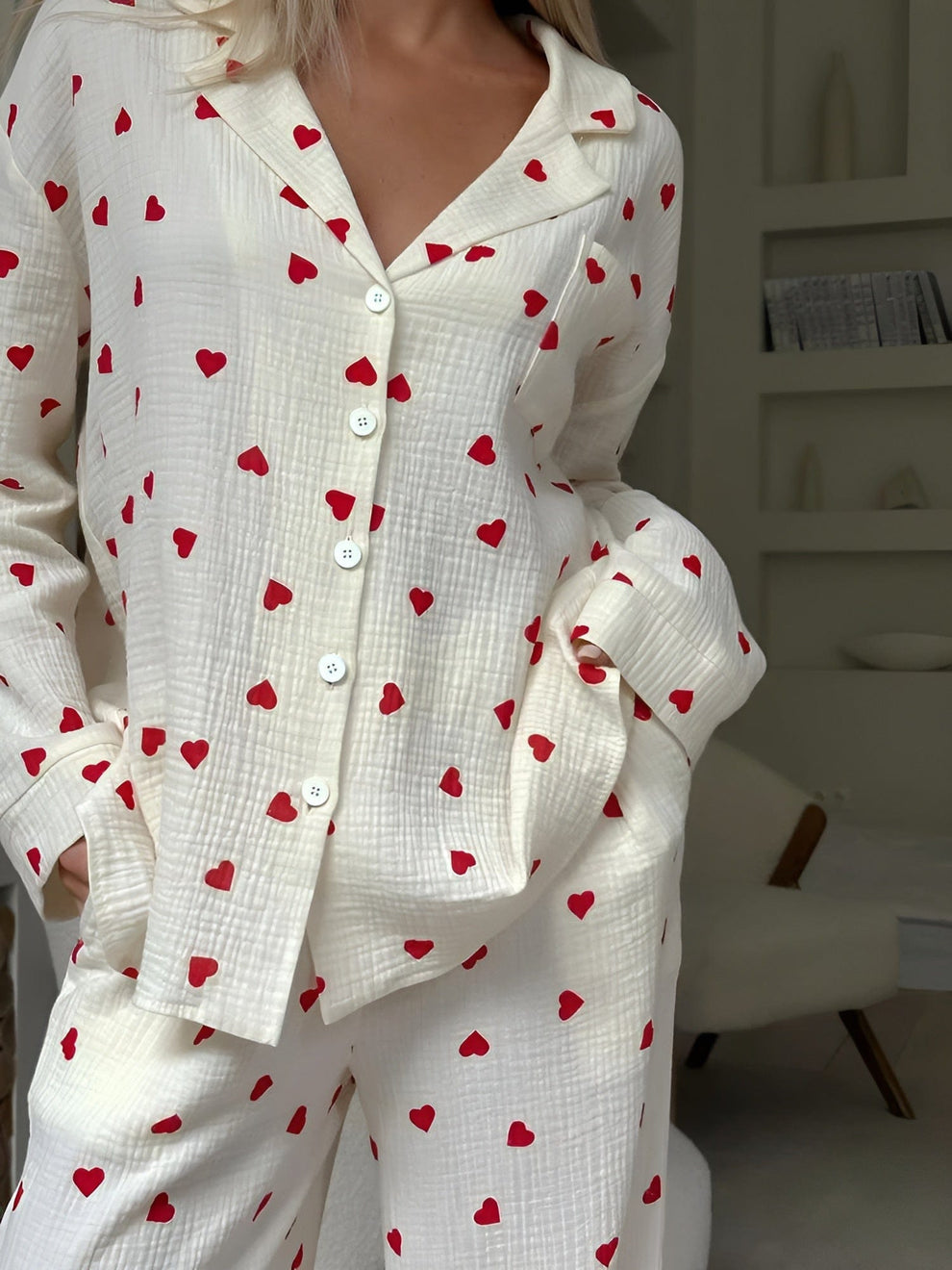 Pyjamaset dames katoen | Comfortabele pyjama met hartjesprint en ademende stof