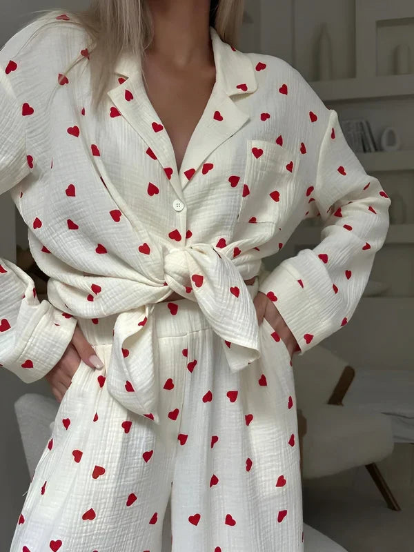 Pyjamaset dames katoen | Comfortabele pyjama met hartjesprint en ademende stof