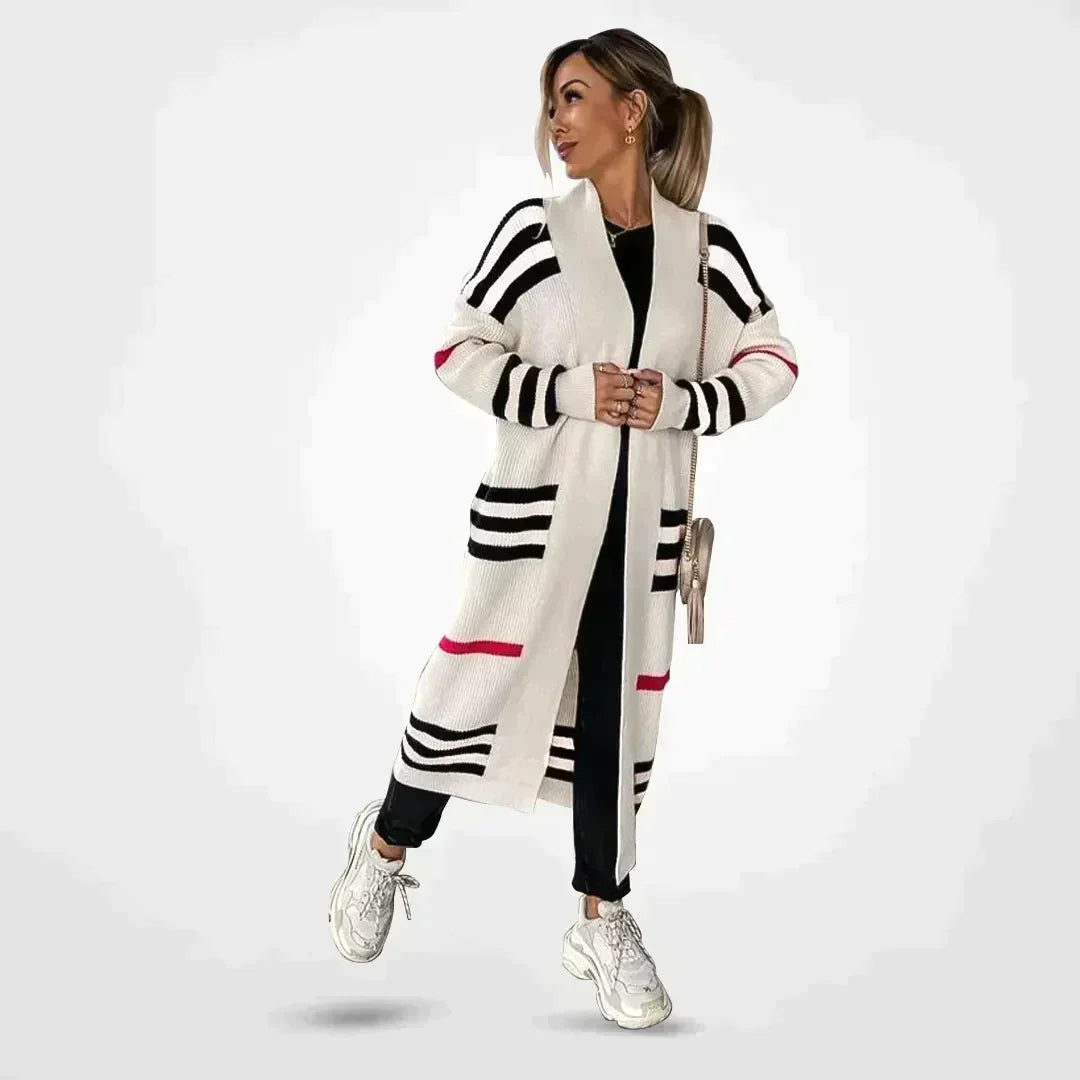 Dames Lang Vest Gestreept met Zakken - Relaxed Fit Cardigan