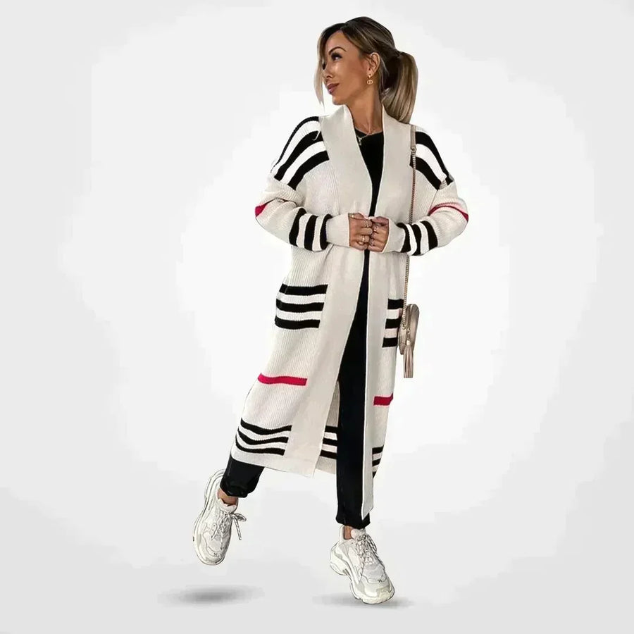 Dames Lang Vest Gestreept met Zakken - Relaxed Fit Cardigan
