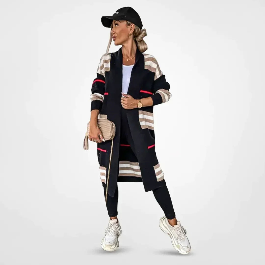 Dames Lang Vest Gestreept met Zakken - Relaxed Fit Cardigan