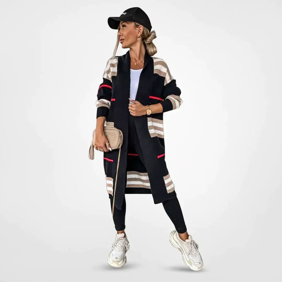 Dames Lang Vest Gestreept met Zakken - Relaxed Fit Cardigan