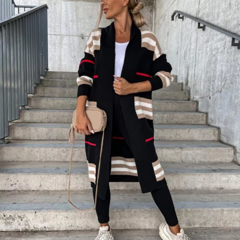 Dames Lang Vest Gestreept met Zakken - Relaxed Fit Cardigan
