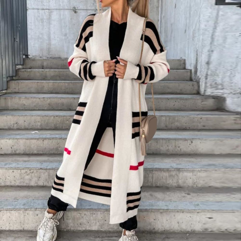 Dames Lang Vest Gestreept met Zakken - Relaxed Fit Cardigan