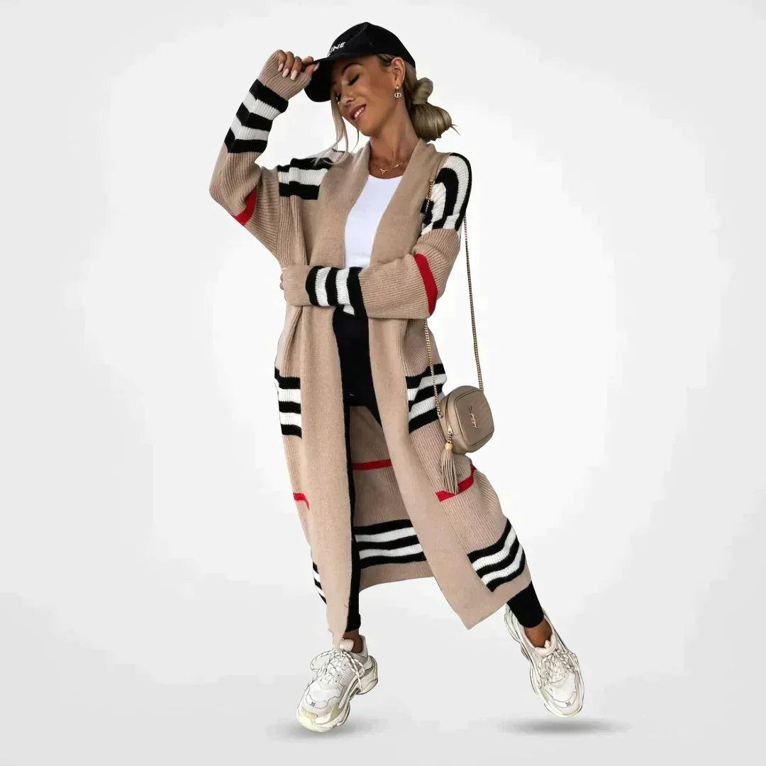 Dames Lang Vest Gestreept met Zakken - Relaxed Fit Cardigan